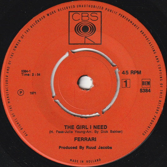 Ferrari - The Girl I Need Vinyl Singles Vinyl Zeer Goed / Hoesje Generic "VINYLSINGLES.NL"