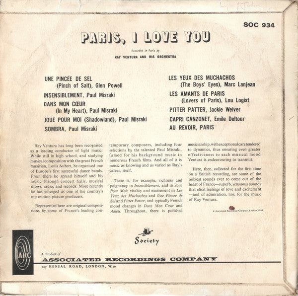 Ray Ventura Et Son Orchestre - Paris I Love You (LP) 51637 Vinyl LP Vinyl Goed / Hoes Goed