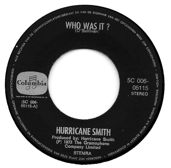 Hurricane Smith - Who Was It? 18996 Vinyl Singles Vinyl Zeer Goed / Hoesje Goed "VINYLSINGLES.NL"