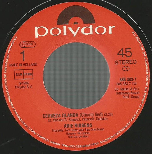 Arie Ribbens - Cerveza Olandá 10530 Vinyl Singles Vinyl Zeer Goed / Hoesje Goed "VINYLSINGLES.NL"