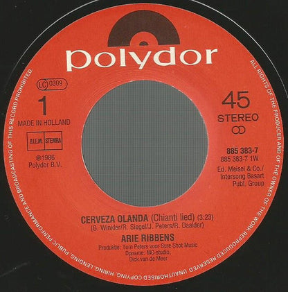 Arie Ribbens - Cerveza Olandá 10530 Vinyl Singles Vinyl Zeer Goed / Hoesje Goed "VINYLSINGLES.NL"
