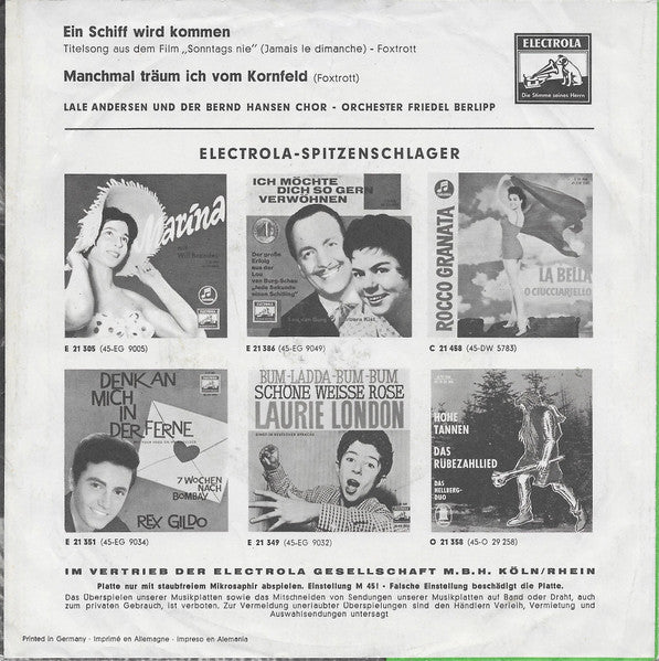 Lale Andersen - Ein Schiff Wird Kommen 42271 Vinyl Singles Vinyl Goed / Hoes Goed