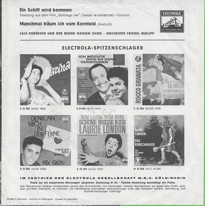 Lale Andersen - Ein Schiff Wird Kommen 42271 Vinyl Singles Vinyl Goed / Hoes Goed