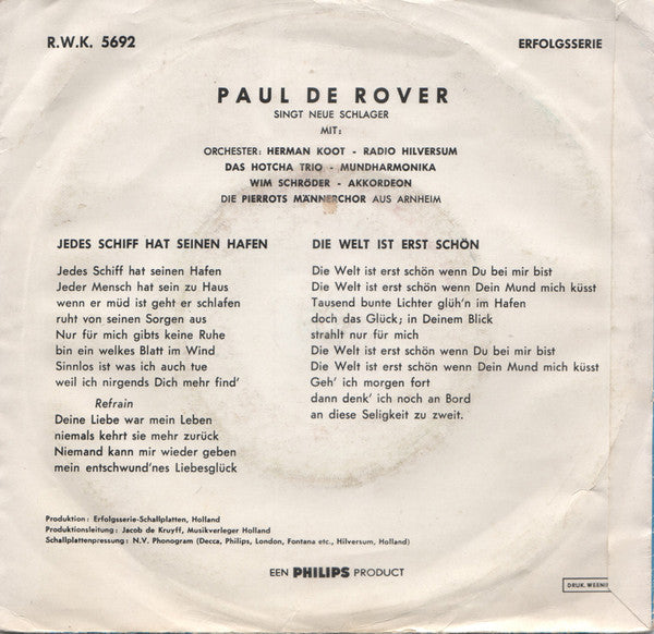 Paul De Rover - Jedes Schiff Hat Seinen Hafen 39998 Vinyl Singles Vinyl Goed / Hoes Generic