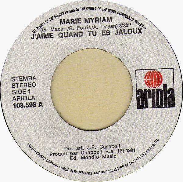 Marie Myriam - J'aime Quand Tu Es Jaloux 15412 Vinyl Singles Vinyl Goed / Hoes Goed