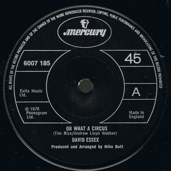 David Essex - Oh What A Circus 39509 Vinyl Singles Vinyl Zeer Goed / Hoesje Goed "VINYLSINGLES.NL"