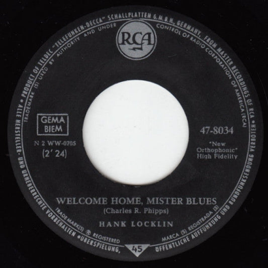 Hank Locklin - Welcome Home, Mister Blues Vinyl Singles Vinyl Zeer Goed / Hoesje Generic "VINYLSINGLES.NL"