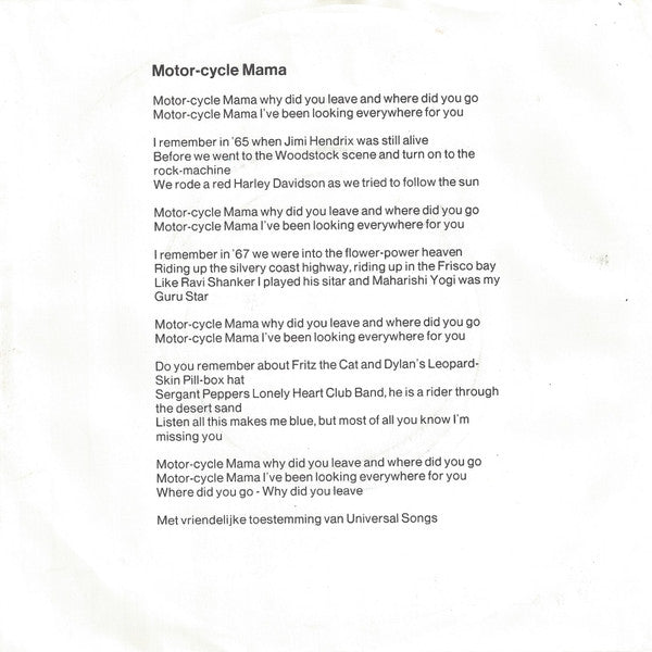 Harpo - Motorcycle Mama Vinyl Singles Vinyl Zeer Goed / Hoesje Goed "VINYLSINGLES.NL"