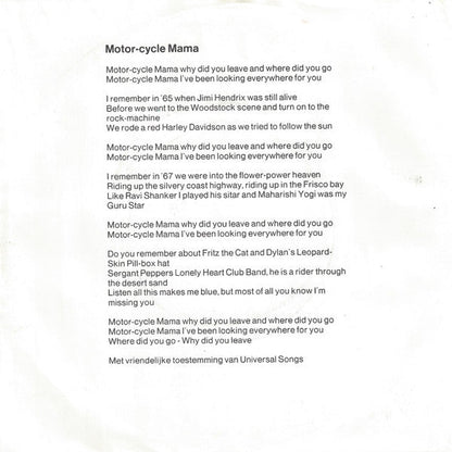 Harpo - Motorcycle Mama Vinyl Singles Vinyl Zeer Goed / Hoesje Goed "VINYLSINGLES.NL"