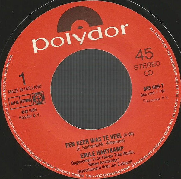 Emile Hartkamp - Een Keer Was Te Veel 13951 Vinyl Singles Vinyl Goed / Hoes Goed
