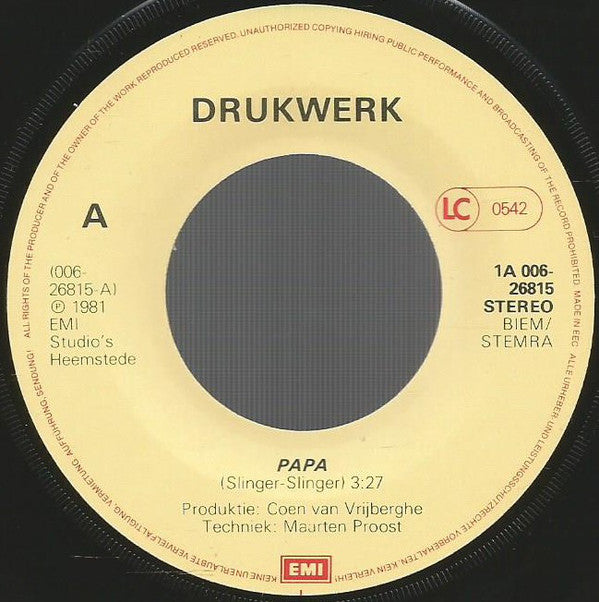 Drukwerk - Pappa 43331 Vinyl Singles Vinyl Goed / Hoesje Slecht "VINYLSINGLES.NL"