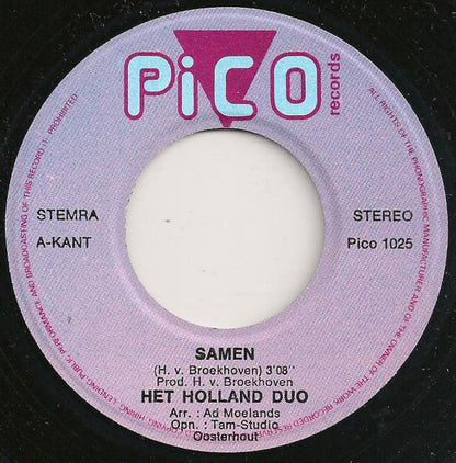 Holland Duo - Samen Vinyl Singles Vinyl Zeer Goed / Hoesje Goed "VINYLSINGLES.NL"