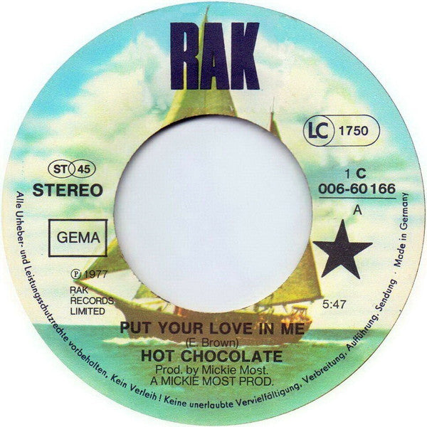 Hot Chocolate - Put Your Love In Me Vinyl Singles Vinyl Zeer Goed / Hoesje Goed "VINYLSINGLES.NL"