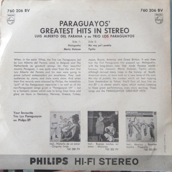 Luis Alberto del Parana y Los Paraguayos - Paraguayos' Greatest Hits In Stereo 42167 Vinyl Singles EP Vinyl Goed / Hoes Goed