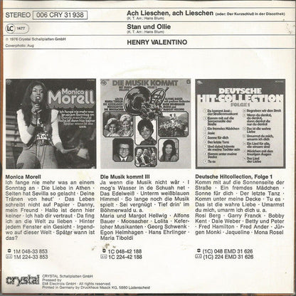 Henry Valentino - Ach Lieschen, Ach Lieschen (oder: Der Kurzschluß In Der Discothek) Vinyl Singles Vinyl Zeer Goed / Hoesje Goed "VINYLSINGLES.NL"