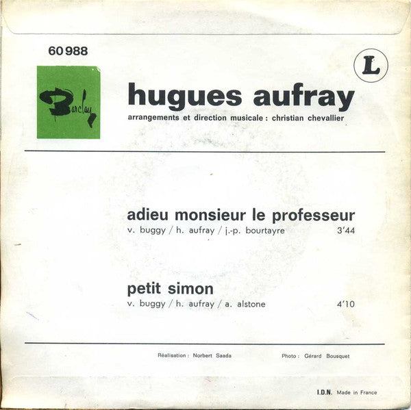 Hugues Aufray ‎- Adieu Monsieur Le Professeur Vinyl Singles Vinyl Zeer Goed / Hoesje Goed "VINYLSINGLES.NL"