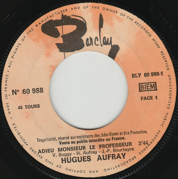 Hugues Aufray ‎- Adieu Monsieur Le Professeur Vinyl Singles Vinyl Zeer Goed / Hoesje Goed "VINYLSINGLES.NL"