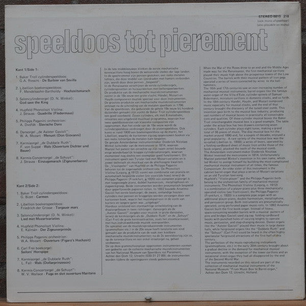 Unknown Artist - Speeldoos Tot Pierement (Klassieke Melodieën) (LP) 52198 Vinyl LP Vinyl Goed / Hoes Goed
