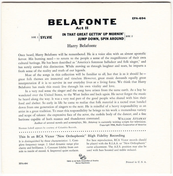Harry Belafonte - Belafonte - Act * Vinyl Singles Vinyl Zeer Goed / Hoesje Goed "VINYLSINGLES.NL"