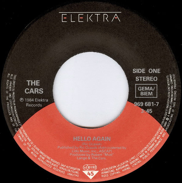 Cars - Hello Again 31656 Vinyl Singles Vinyl Zeer Goed / Hoesje Goed "VINYLSINGLES.NL"