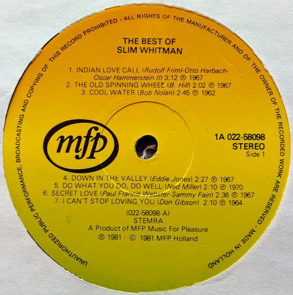 Slim Whitman - The Best Of Slim Whitman (LP) 42561 Vinyl LP JUKEBOXSINGLES.NL   