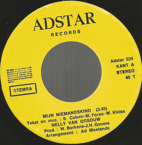 Nelly Van Orsouw - Mijn Niemandskind 15463 Vinyl Singles Vinyl Goed / Hoes Goed