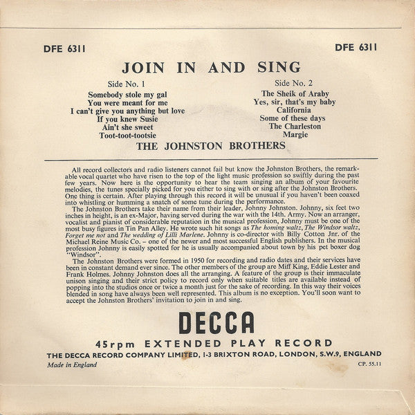 Johnston Brothers - Join In And Sing 42639 Vinyl Singles EP Vinyl Goed / Hoes Goed