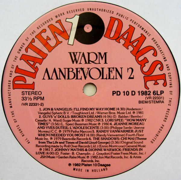 Various - Warm Aanbevolen 1982 (LP) 44308 Vinyl LP JUKEBOXSINGLES.NL   