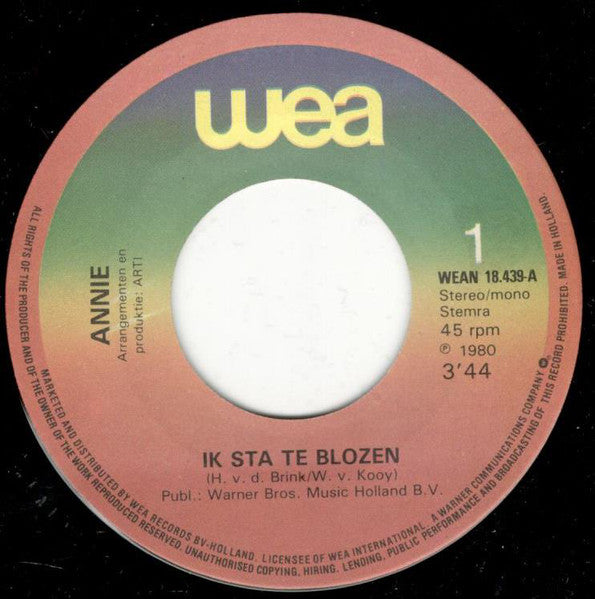 Annie - Ik Sta Te Blozen Vinyl Singles Vinyl Zeer Goed / Hoesje Goed "VINYLSINGLES.NL"