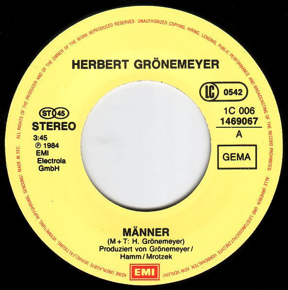 Herbert Grönemeyer - Männer Vinyl Singles Vinyl Zeer Goed / Hoesje Goed "VINYLSINGLES.NL"