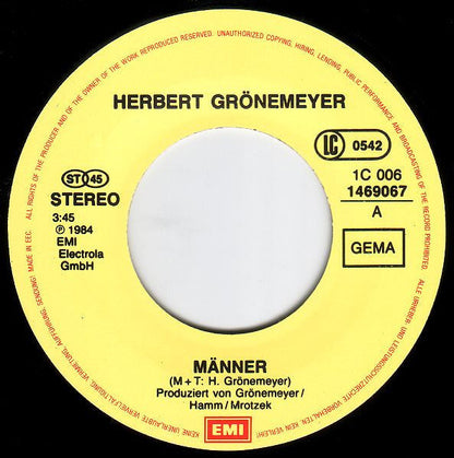 Herbert Grönemeyer - Männer Vinyl Singles Vinyl Zeer Goed / Hoesje Goed "VINYLSINGLES.NL"
