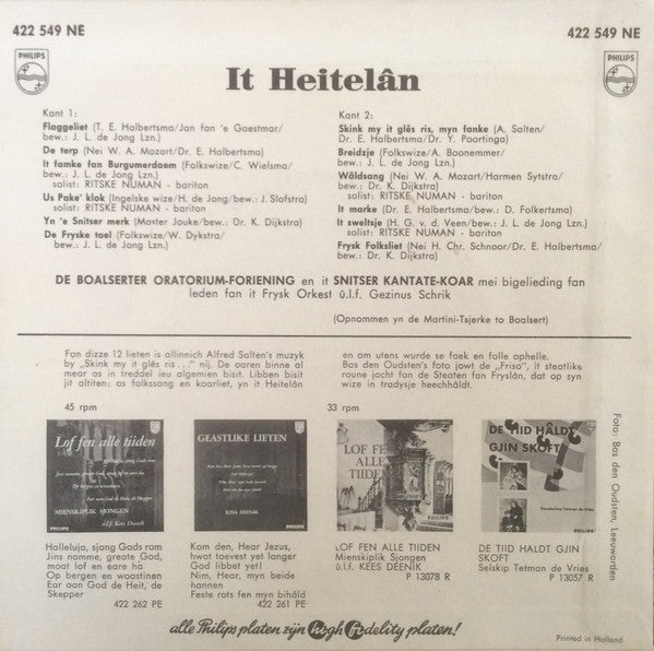 Boalserter Oratorium-Foriening En It Snitser Kantate-Koar - It Heitelân 39811 Vinyl Singles Vinyl Zeer Goed / Hoesje Goed "VINYLSINGLES.NL"