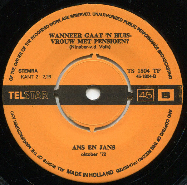 Ans En Jans - Wie Z'n Billekes Heeft Gebrand... 35021 Vinyl Singles Goede Staat