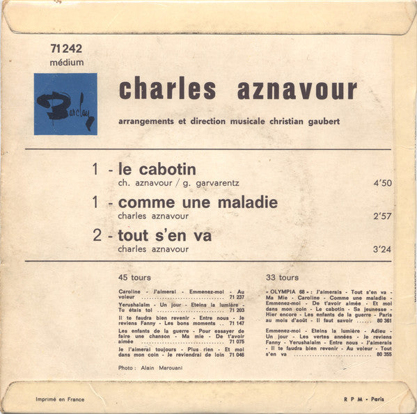 Charles Aznavour - Le Cabotin 42616 Vinyl Singles EP Vinyl Goed / Hoes Goed
