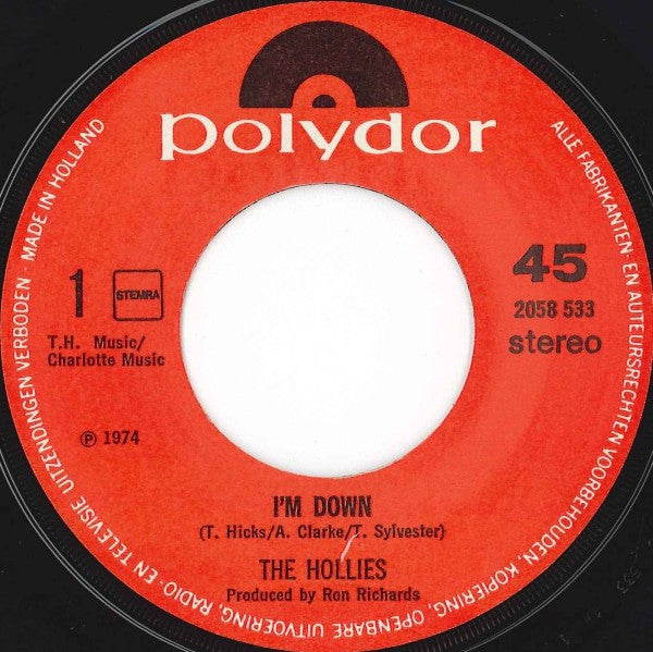 Hollies - I'm Down Vinyl Singles Vinyl Zeer Goed / Hoesje Goed "VINYLSINGLES.NL"