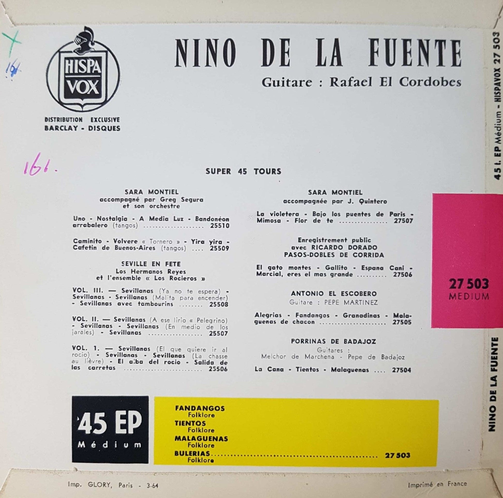 Niño De La Fuente - Fandangos Tientos Malaguenas Bulerias 23878 Vinyl Singles EP Vinyl Goed / Hoes Goed