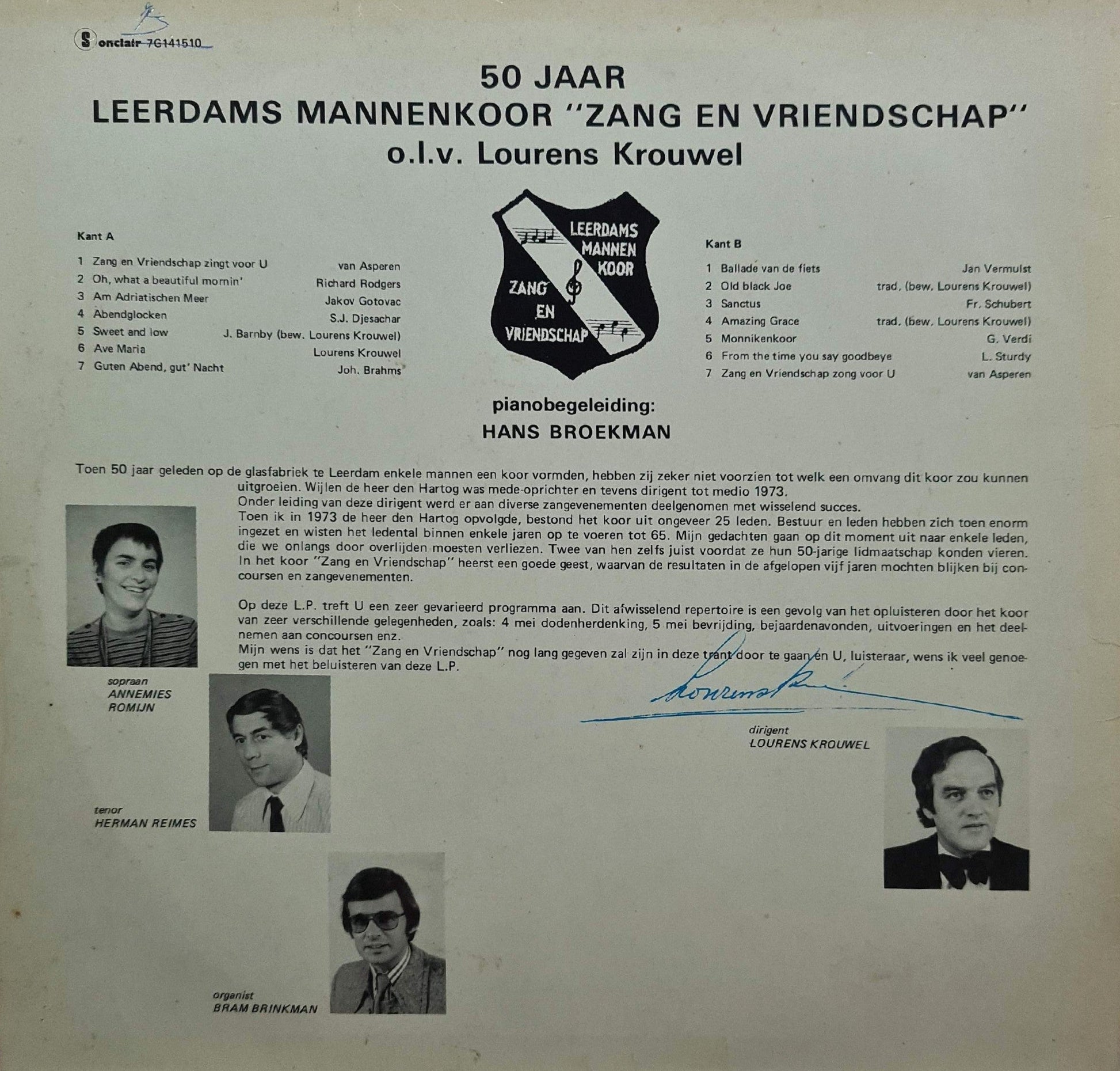 Leerdams Mannenkoor Zang En Vriendschap - 50 Jaar (LP) 47048 Vinyl LP JUKEBOXSINGLES.NL   