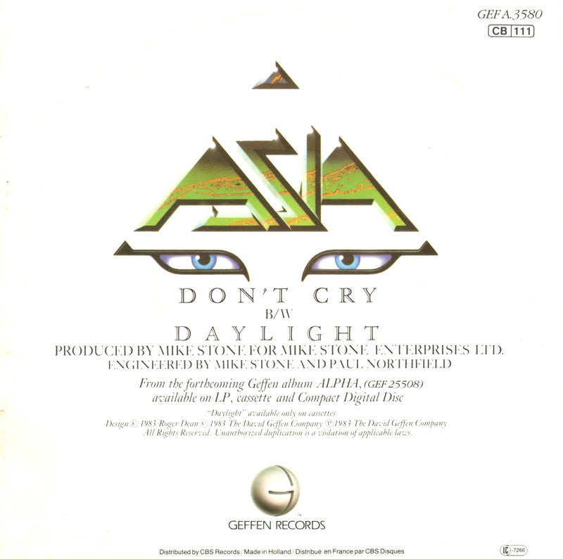 Asia - Don't Cry Vinyl Singles Vinyl Zeer Goed / Hoesje Goed "VINYLSINGLES.NL"