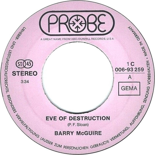 Barry McGuire - Eve Of Destruction Vinyl Singles Vinyl Zeer Goed / Hoesje Generic "VINYLSINGLES.NL"