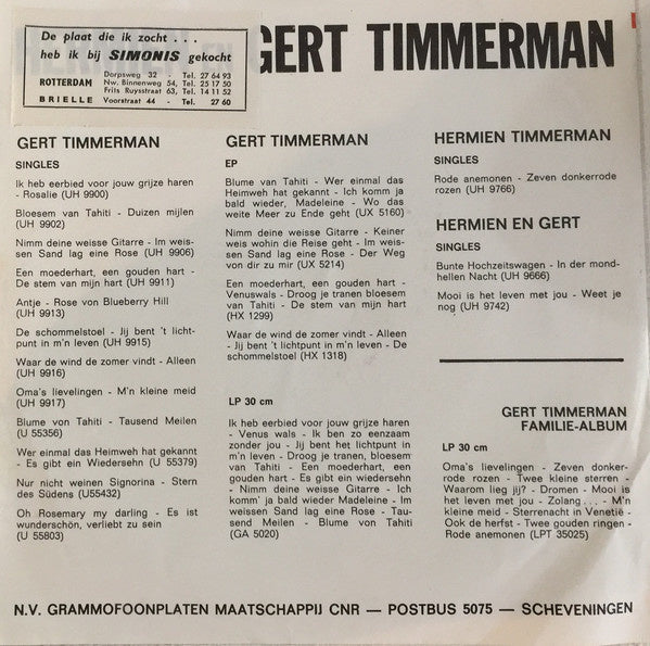 Gert Timmerman - Twee Gouden Ringen 23052 Vinyl Singles Vinyl Zeer Goed / Hoesje Goed "VINYLSINGLES.NL"