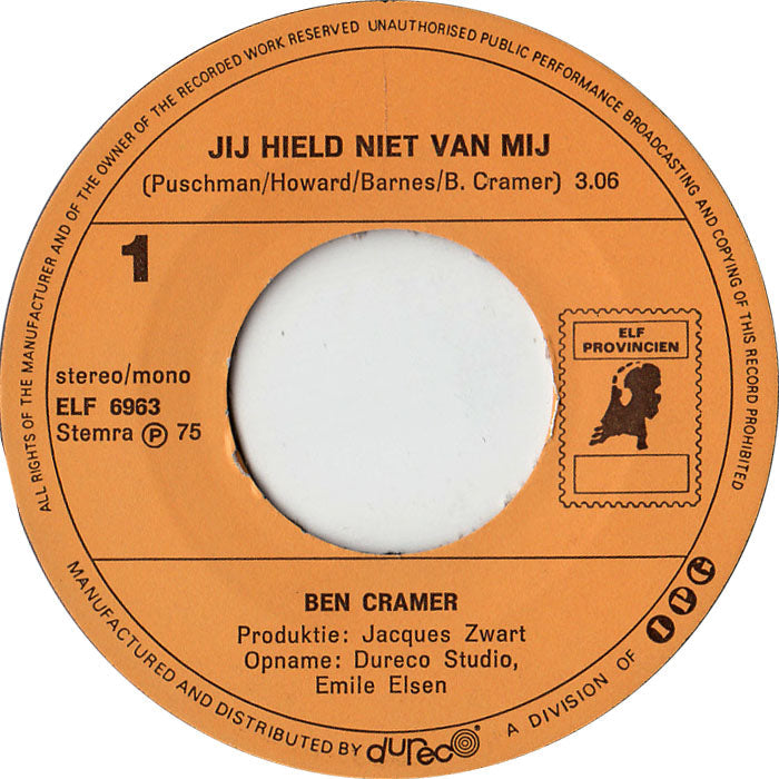 Ben Cramer - Jij Hield Niet Van Mij 32615 Vinyl Singles Vinyl Zeer Goed / Hoesje Goed "VINYLSINGLES.NL"