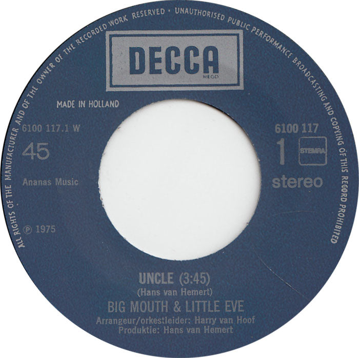 Big Mouth & Little Eve - Uncle Vinyl Singles Vinyl Zeer Goed / Hoesje Goed "VINYLSINGLES.NL"