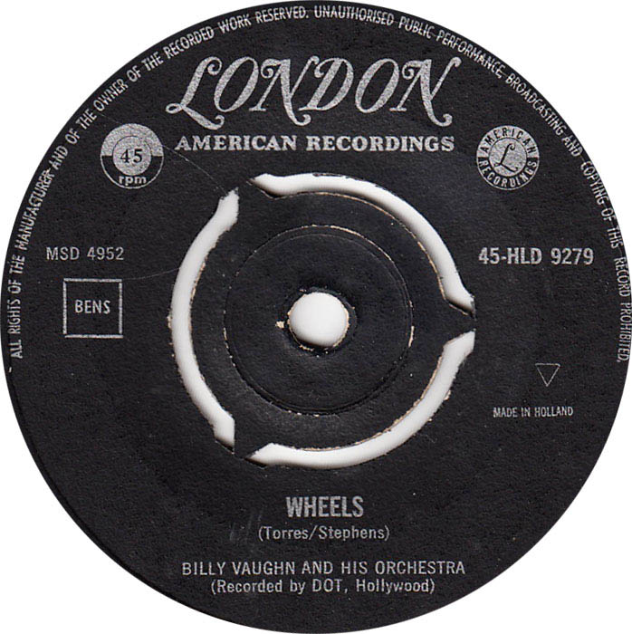 Billy Vaughn And His Orchestra - Wheels 18100 Vinyl Singles Vinyl Zeer Goed / Hoesje Generic "VINYLSINGLES.NL"