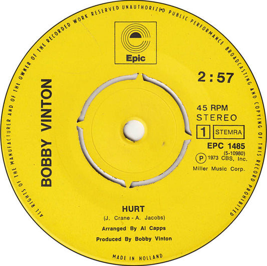 Bobby Vinton - Hurt Vinyl Singles Vinyl Zeer Goed / Hoesje Generic "VINYLSINGLES.NL"