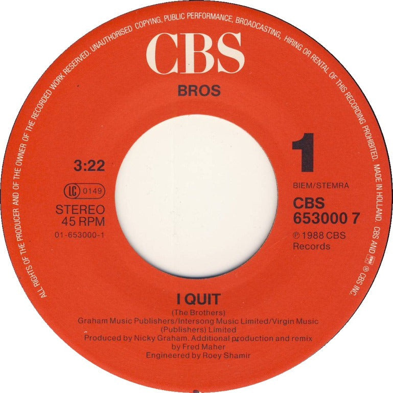 Bros - I Quit 15550 Vinyl Singles Vinyl Zeer Goed / Hoesje Goed "VINYLSINGLES.NL"