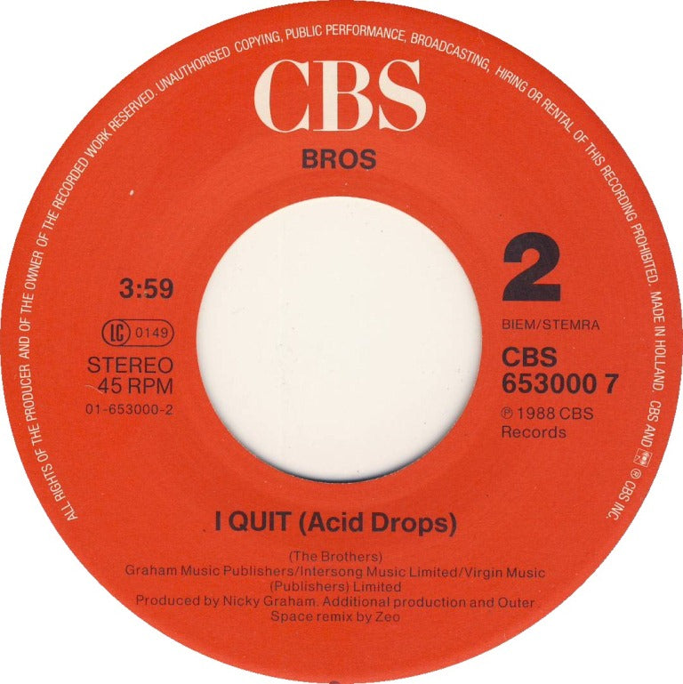 Bros - I Quit 15550 Vinyl Singles Vinyl Zeer Goed / Hoesje Goed "VINYLSINGLES.NL"