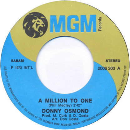 Donny Osmond - A Million To One 12578 Vinyl Singles Vinyl Zeer Goed / Hoesje Goed "VINYLSINGLES.NL"