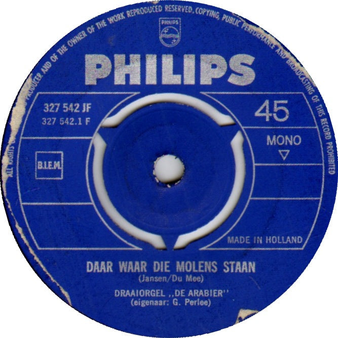 Draaiorgel De Arabier Eigenaar G. Perlee - Souvenirs 13562 Vinyl Singles Vinyl Zeer Goed / Hoesje Goed "VINYLSINGLES.NL"