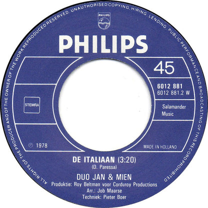 Duo Jan En Mien - De Zuidenwind (B) Vinyl Singles Vinyl Goed / Hoes Redelijk