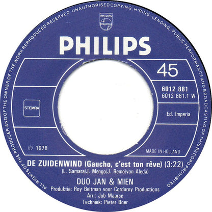 Duo Jan En Mien - De Zuidenwind (B-Keus) Vinyl Singles Vinyl Goed / Hoesje Slecht "VINYLSINGLES.NL"
